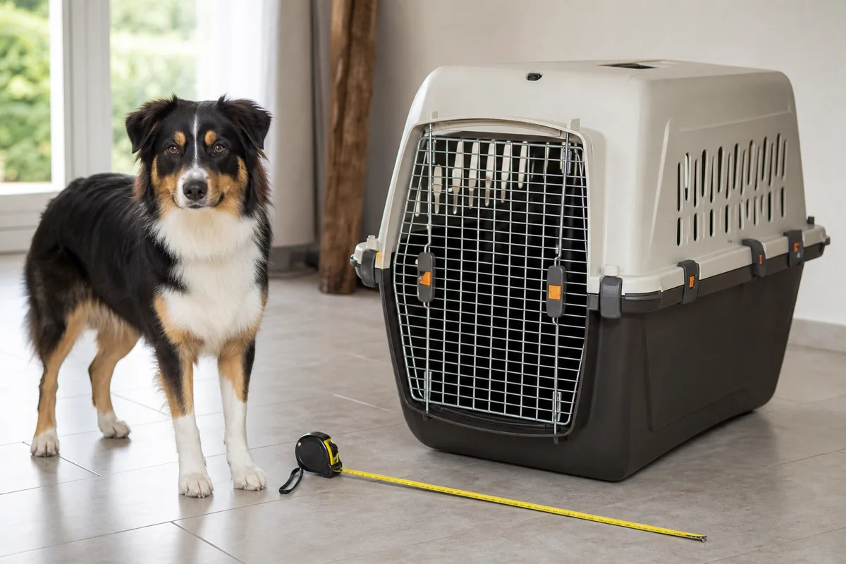 Chien debout à côté d’une grande caisse de transport rigide, ruban à mesurer déroulé au sol