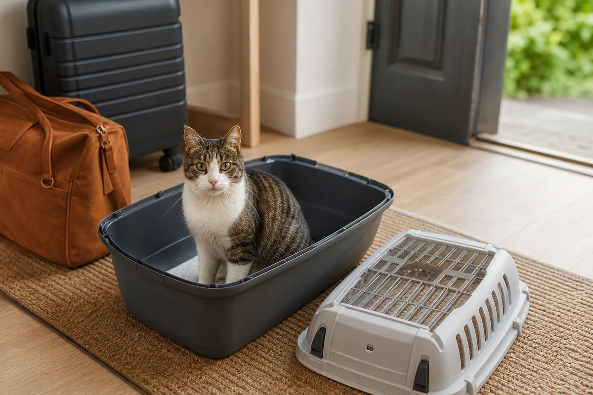 Chat assis dans une caisse de transport rigide dont le couvercle vient d’être retiré