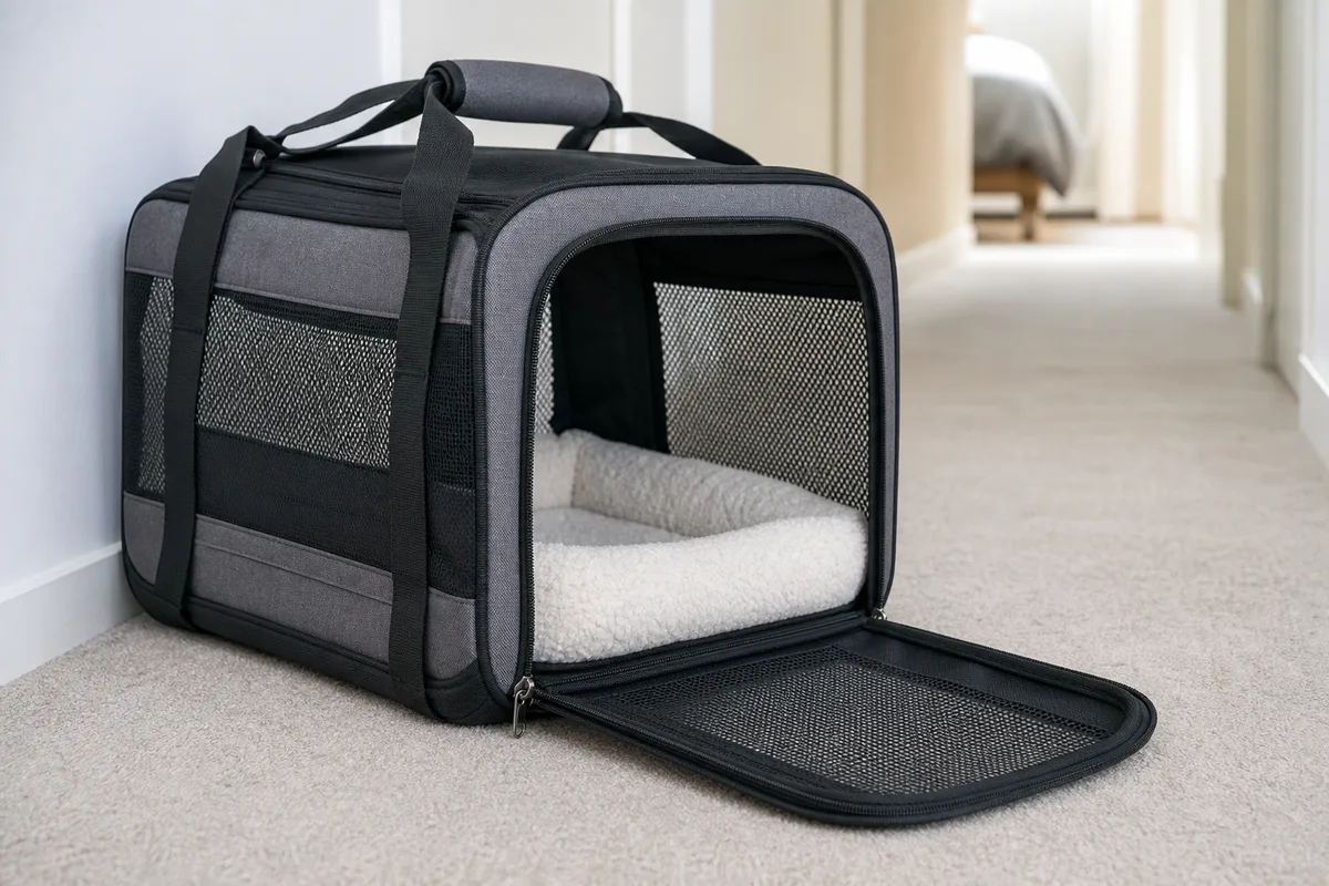 Sac de transport souple posé au sol dans un couloir, fermeture ouverte sur un couchage
