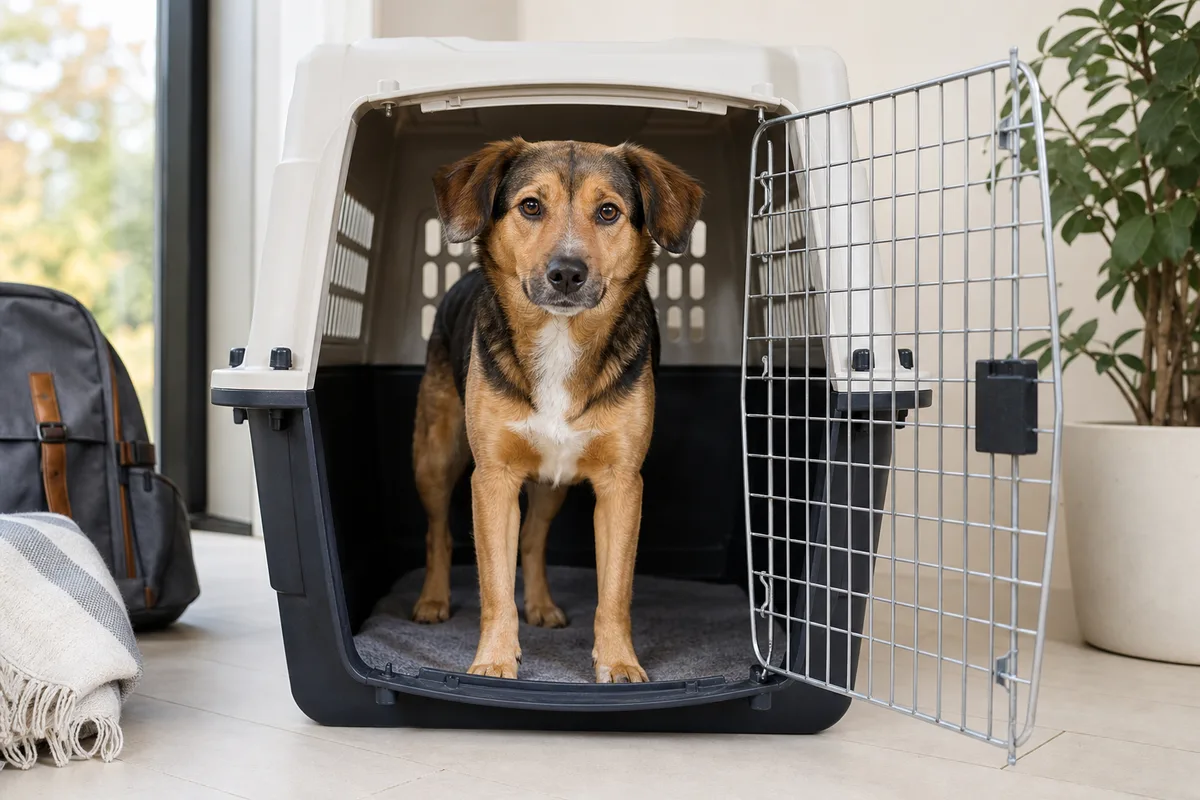 Chien de taille moyenne debout dans une cage de transport en plastique, porte ouverte