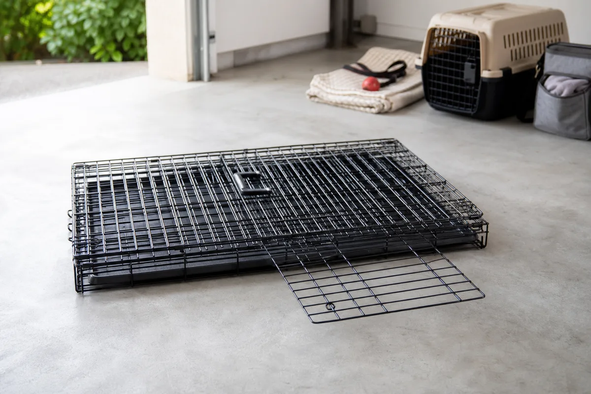 Cage métallique pliante posée à plat sur un sol de garage, séparateur amovible visible