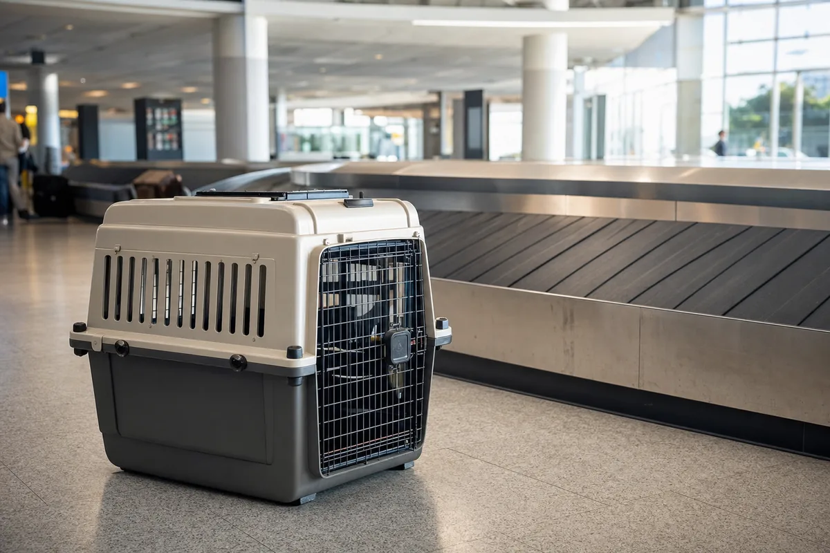 Caisse de transport rigide posée près d’un tapis à bagages dans un hall d’aéroport