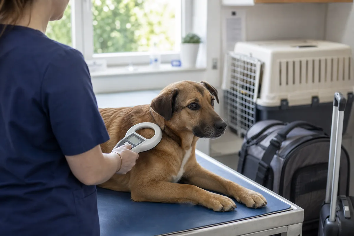Vétérinaire scannant la puce électronique d’un chien couché sur une table d’examen