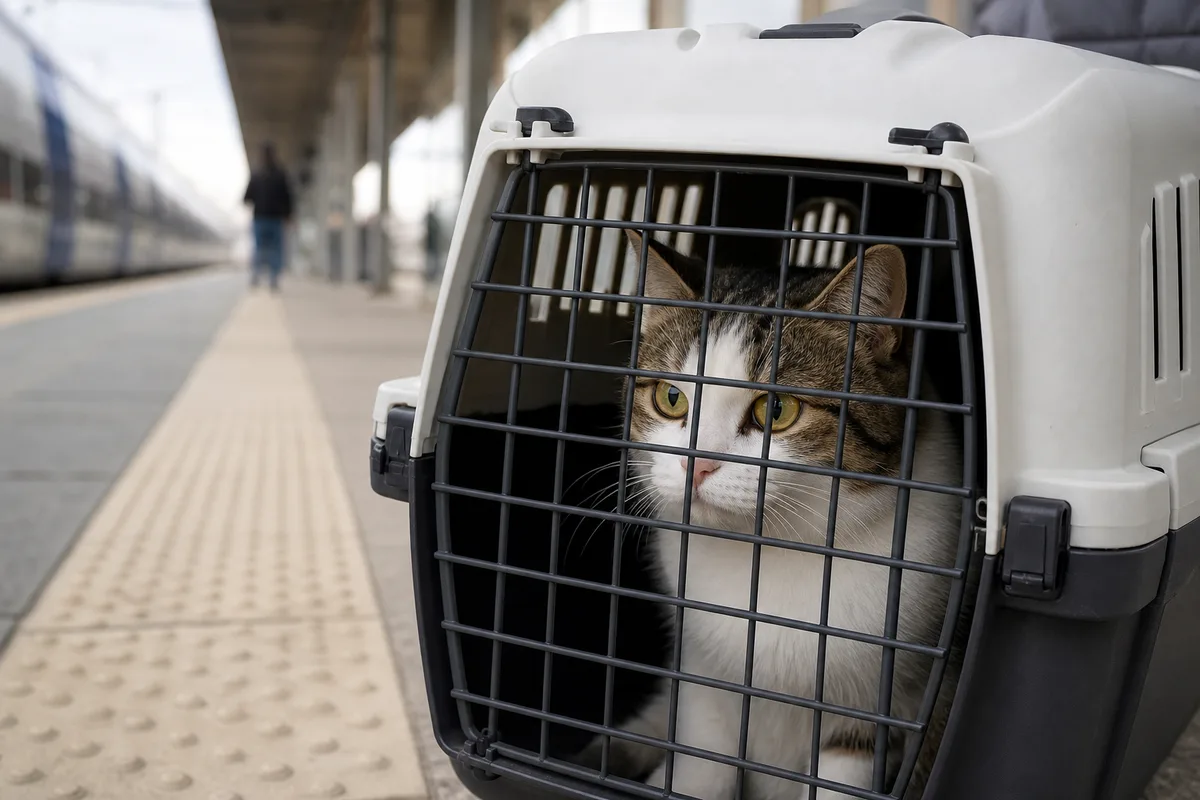 Chat regardant à travers la grille d’aération d’un sac de transport, quai de gare en arrière-plan