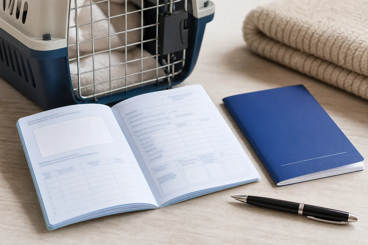 Passeport européen pour animal de compagnie ouvert à côté d’un carnet de santé et d’un stylo