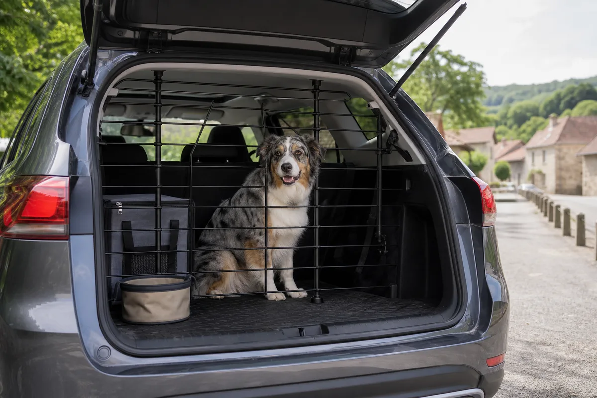 Chien assis à l’arrière d’un véhicule derrière une grille de séparation métallique fixée
