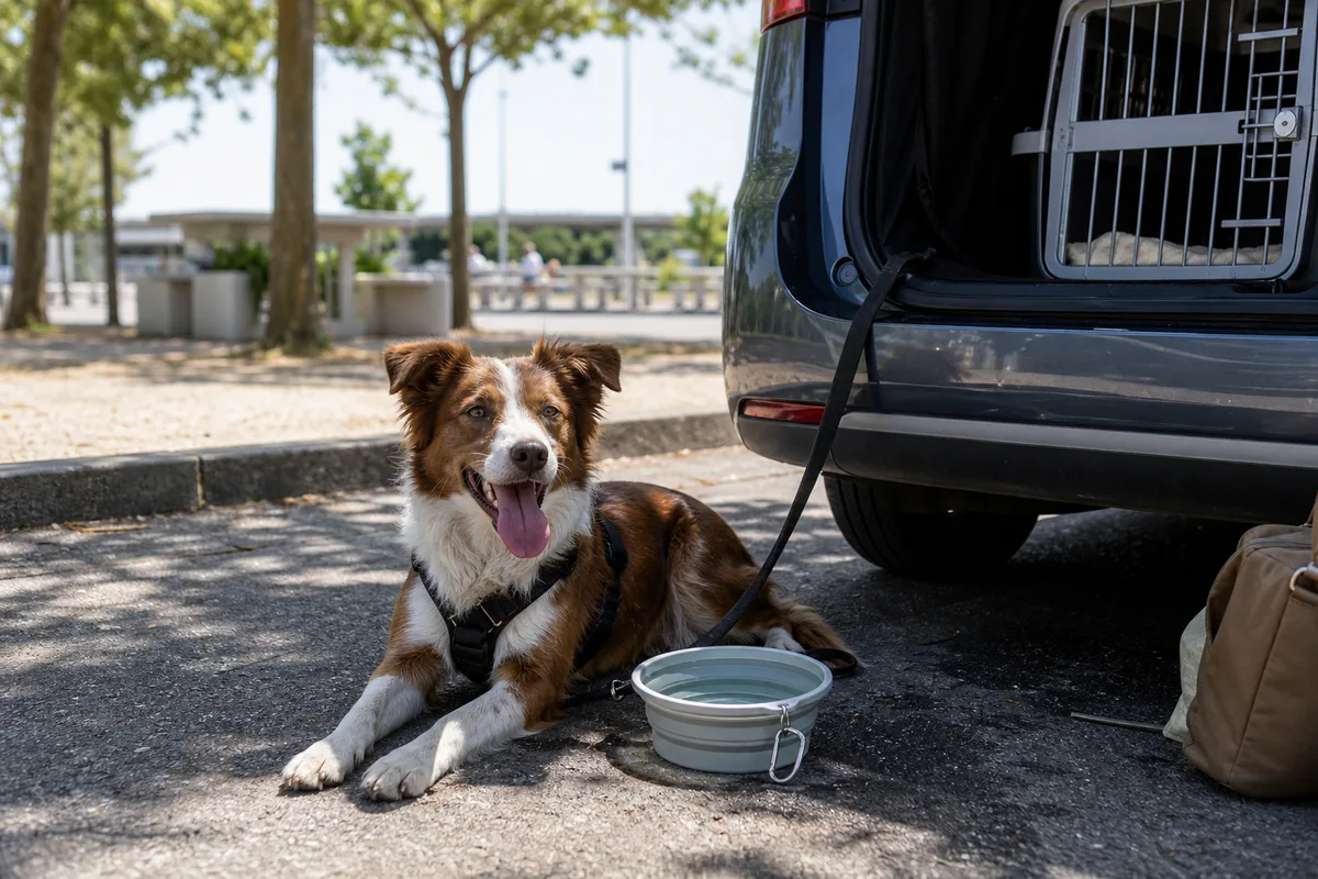 Chien haletant à l&rsquo;ombre près d&rsquo;une gamelle d&rsquo;eau sur une aire de repos d&rsquo;autoroute