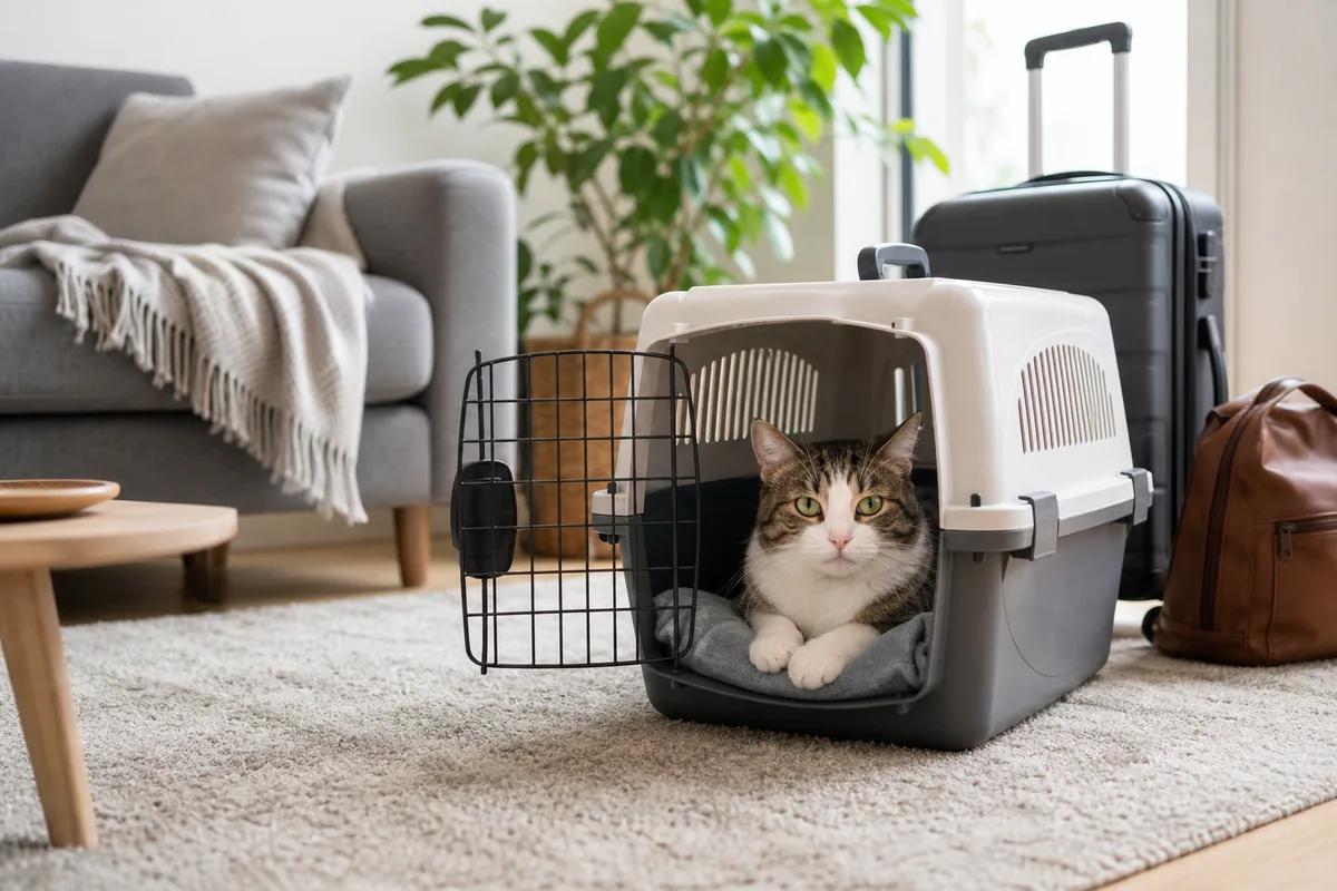 Chat couché dans une caisse de transport ouverte posée sur un tapis de salon